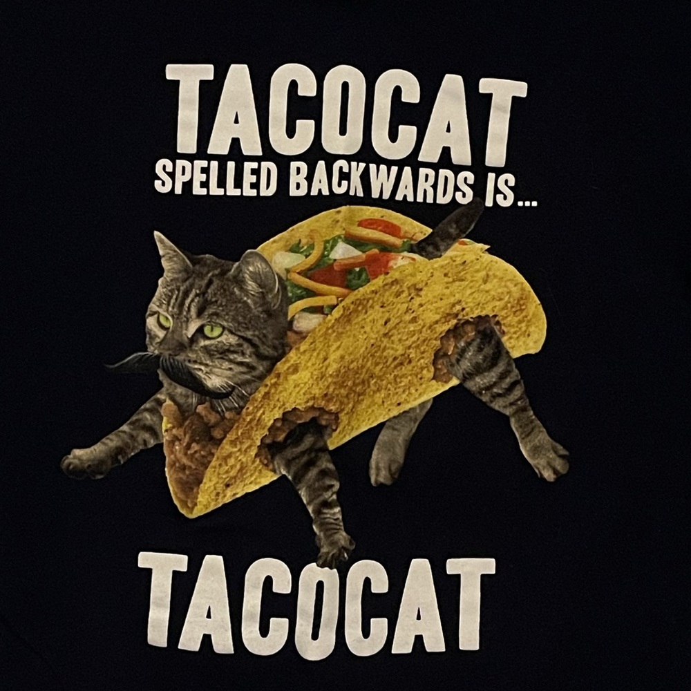 TACO CAT T-shirt, Navy Blue, 100% preshrunk cotton, Crazy Cat Lady, size Large